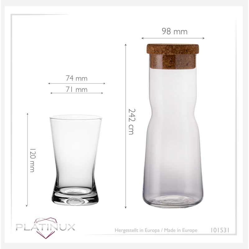 PLATINUX Karaffe mit Korkenverschluss und 6 Trinkgläsern X-Form 1000ml / 200ml aus Crystalline Glas "CrossLine" Spülmaschinenfest