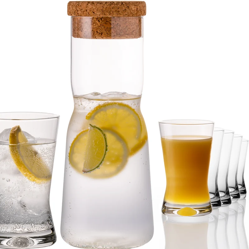 PLATINUX Karaffe mit Korkenverschluss und 6 Trinkgläsern X-Form 1000ml / 200ml aus Crystalline Glas "CrossLine" Spülmaschinenfest