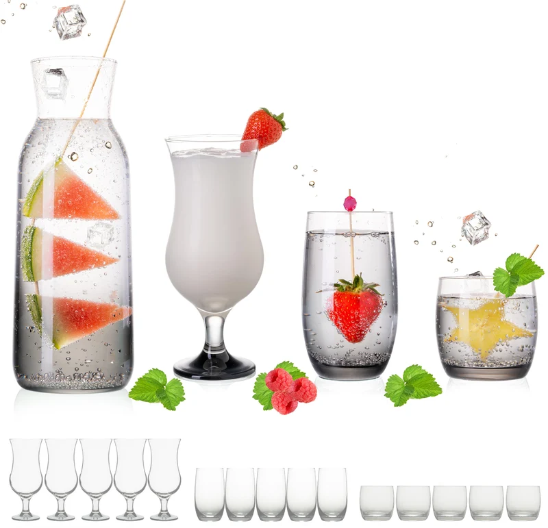 PLATINUX Trinkgläser Set & Karaffe mit Schwarzen Ombré Effekt 19 Teilig aus Glas