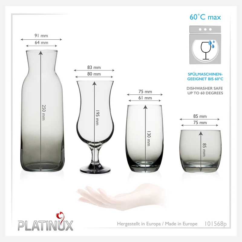PLATINUX Trinkgläser Set & Karaffe mit Schwarzen Ombré Effekt 19 Teilig aus Glas