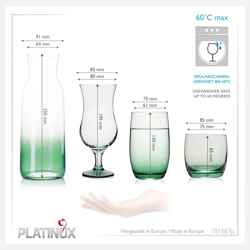 PLATINUX Trinkgläser Set & Karaffe mit Grünem Ombré Effekt 19 Teilig aus Glas