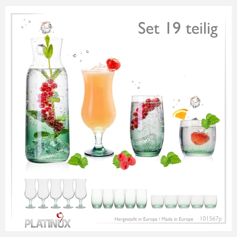 PLATINUX Trinkgläser Set & Karaffe mit Grünem Ombré Effekt 19 Teilig aus Glas