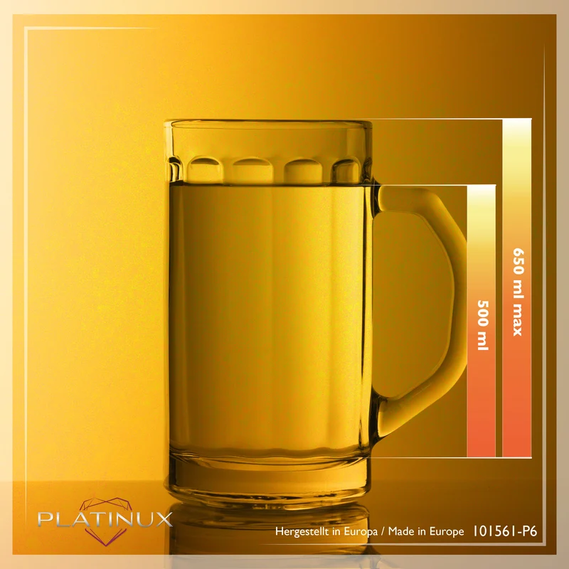 PLATINUX Bierseidel mit Henkel Set 6-Teilig 500ml (max. 650ml) Maßkrug aus Glas