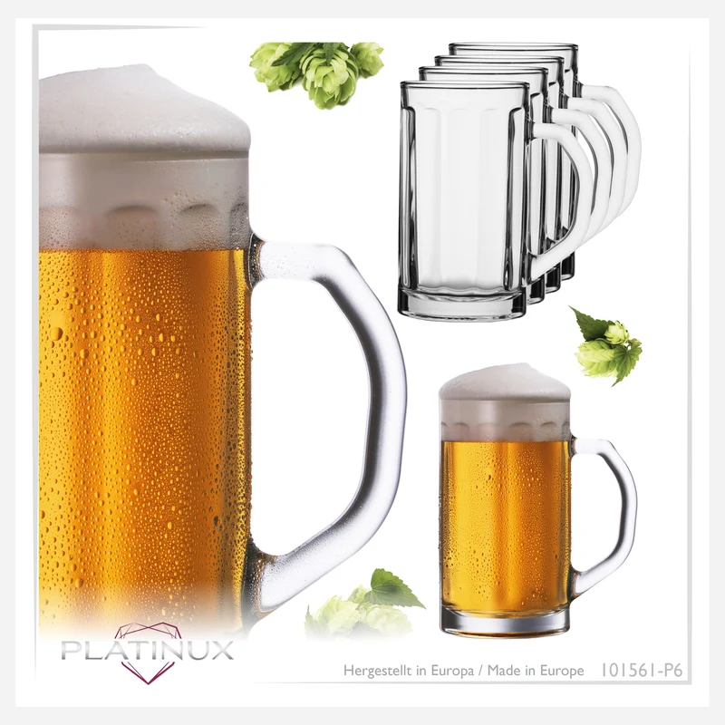 PLATINUX Bierseidel mit Henkel Set 6-Teilig 500ml (max. 650ml) Maßkrug aus Glas