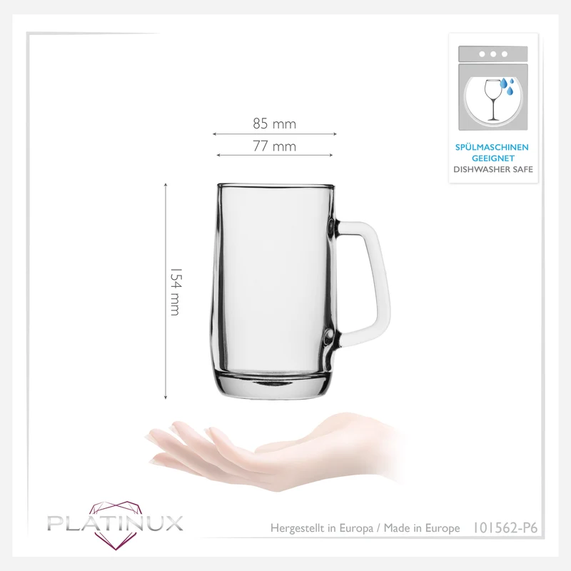 PLATINUX Bierseidel mit Henkel Set 6-Teilig 500ml (max. 580ml) Maßkrug aus Glas