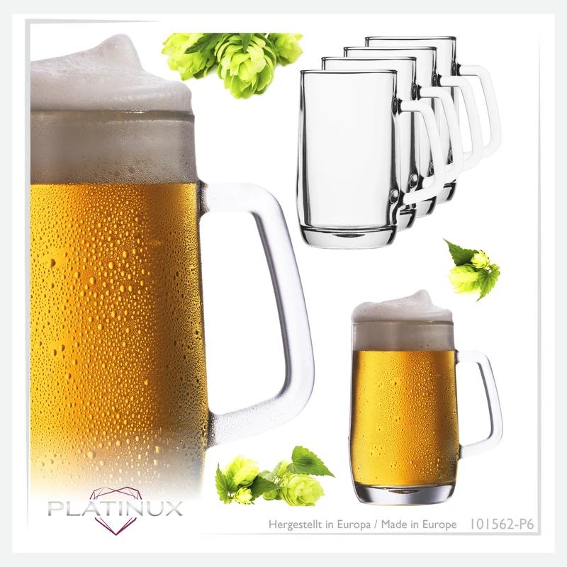 PLATINUX Bierseidel mit Henkel Set 6-Teilig 500ml (max. 580ml) Maßkrug aus Glas