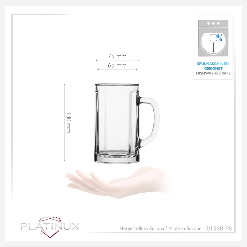 PLATINUX Bierseidel mit Henkel Set 6-Teilig 300ml (max. 350ml) Maßkrug aus Glas