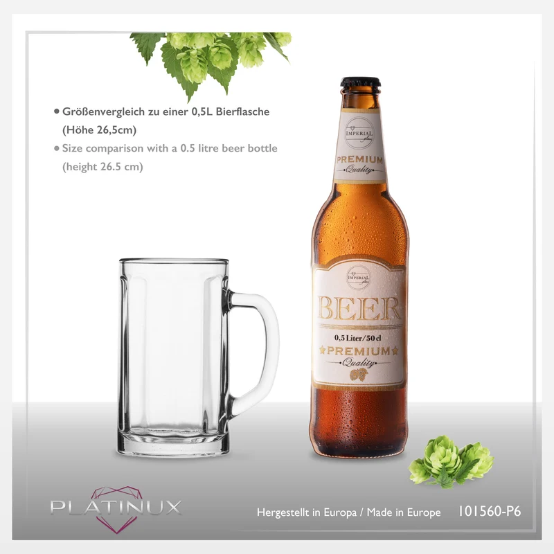 PLATINUX Bierseidel mit Henkel Set 6-Teilig 300ml (max. 350ml) Maßkrug aus Glas