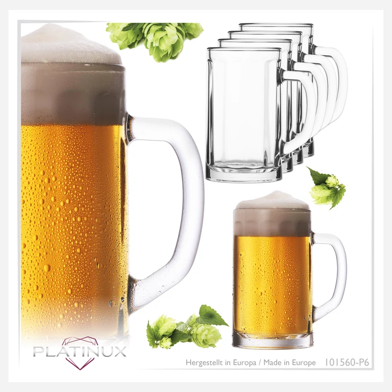 PLATINUX Bierseidel mit Henkel Set 6-Teilig 300ml (max. 350ml) Maßkrug aus Glas