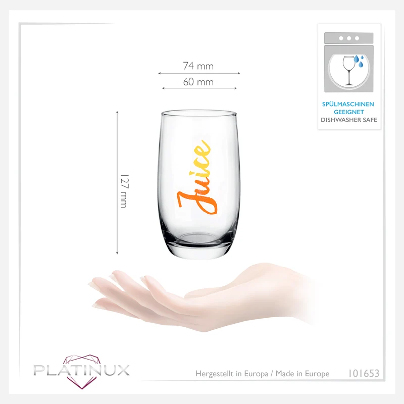 PLATINUX Elegante hohe Trinkgläser mit Juice-Print 320ml (max. 380ml) Set 6 Teilig aus Glas