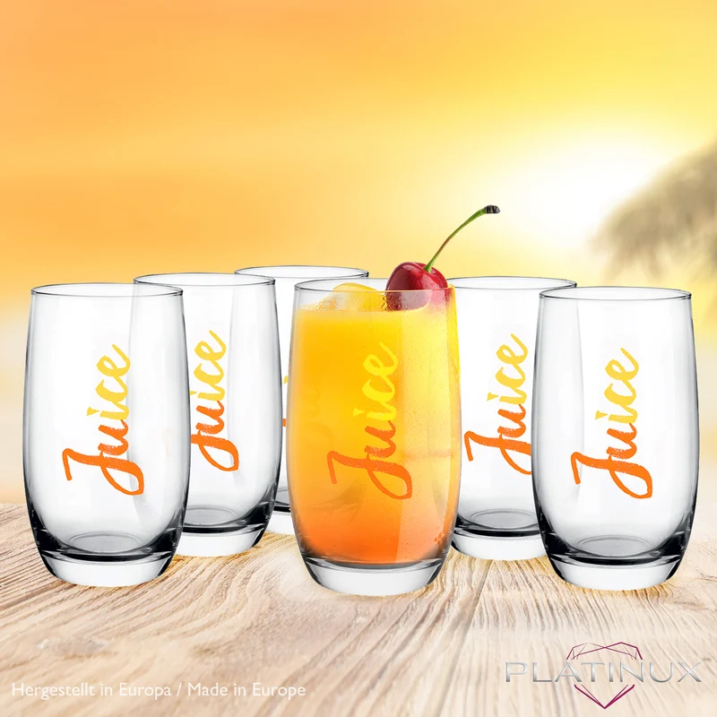 PLATINUX Elegante hohe Trinkgläser mit Juice-Print 320ml (max. 380ml) Set 6 Teilig aus Glas