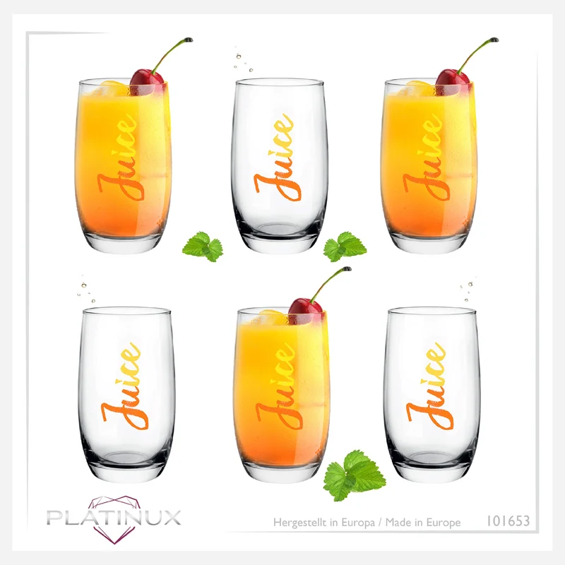 PLATINUX Elegante hohe Trinkgläser mit Juice-Print 320ml (max. 380ml) Set 6 Teilig aus Glas