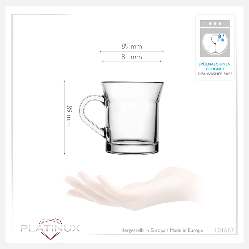 PLATINUX Kaffeegläser mit Henkel aus Glas 220ml (max.280ml) Set 6-Teilig