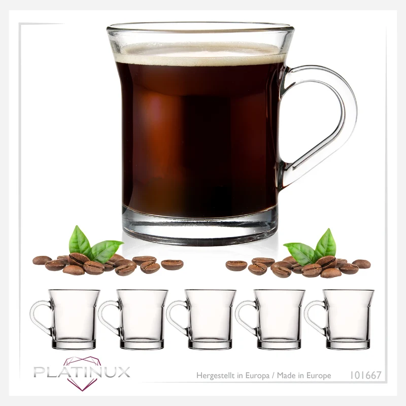 PLATINUX Kaffeegläser mit Henkel aus Glas 220ml (max.280ml) Set 6-Teilig