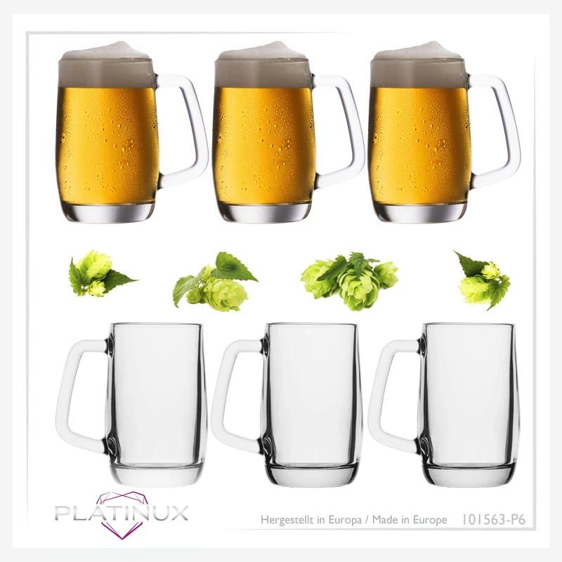 PLATINUX Bierseidel mit Henkel Set 6-Teilig 300ml (max. 375ml) Maßkrug aus Glas