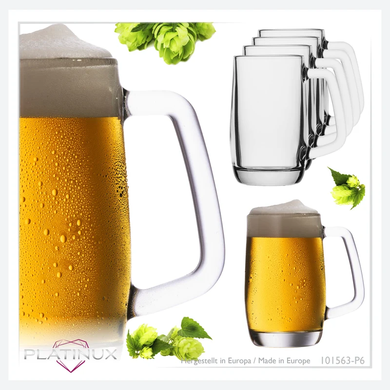 PLATINUX Bierseidel mit Henkel Set 6-Teilig 300ml (max. 375ml) Maßkrug aus Glas