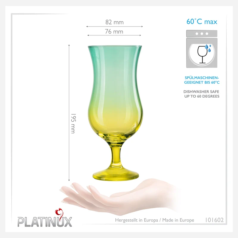 PLATINUX Cocktailgläser Grün-Gelb aus Glas Set 6 Stück 400ml (max.470ml)