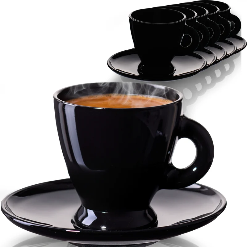 PLATINUX Espressotassen Set – 6 schwarze Espressogläser mit Untertassen aus Glas 93 ml