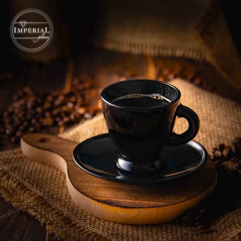 PLATINUX Espressotassen Set – 6 schwarze Espressogläser mit Untertassen aus Glas 93 ml