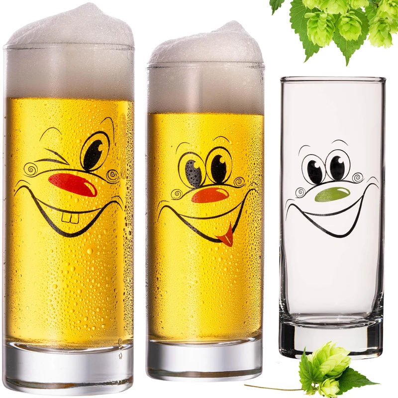 PLATINUX Kölschgläser aus Glas 300ml (max. 335ml) Set 3 Teilig mit lustigen Gesichtern