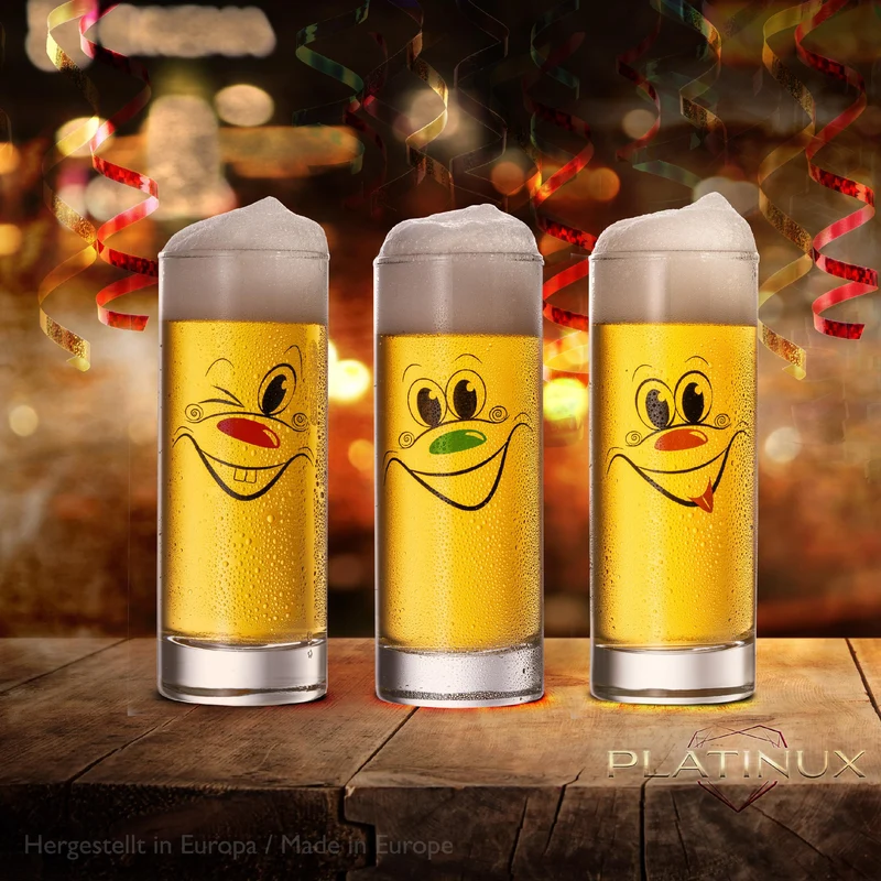 PLATINUX Kölschgläser aus Glas 300ml (max. 335ml) Set 3 Teilig mit lustigen Gesichtern