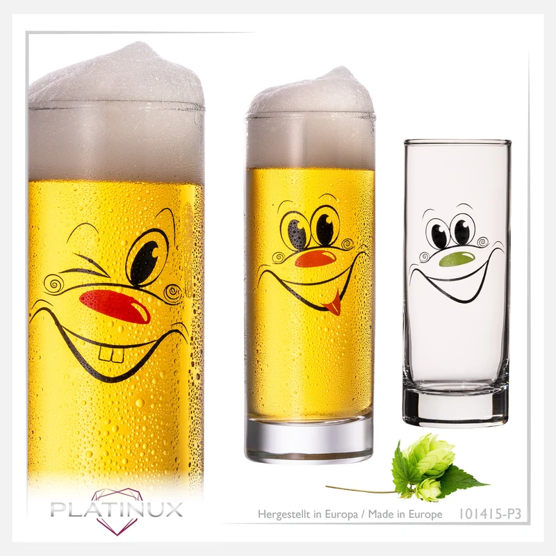 PLATINUX Kölschgläser aus Glas 300ml (max. 335ml) Set 3 Teilig mit lustigen Gesichtern