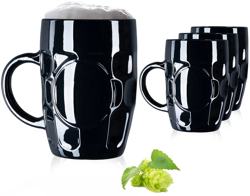 PLATINUX Schwarze Biergläser 500ml mit Henkel Set 4 Teilig Maßkrug aus Glas mit Ornament Muster