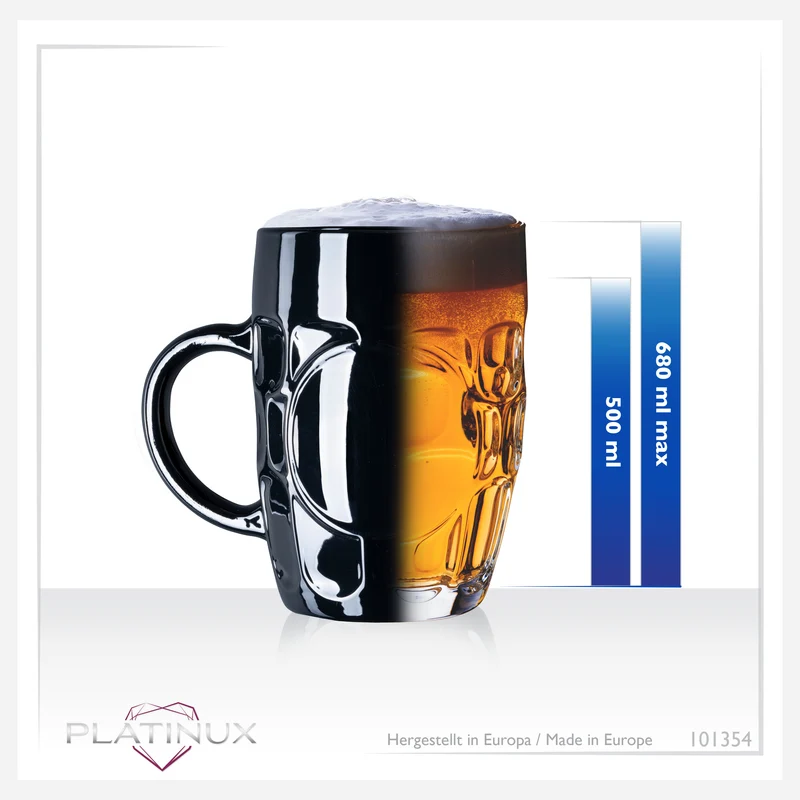 PLATINUX Schwarze Biergläser 500ml mit Henkel Set 4 Teilig Maßkrug aus Glas mit Ornament Muster