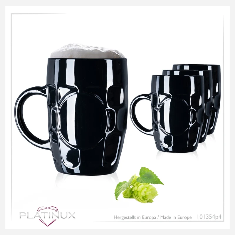 PLATINUX Schwarze Biergläser 500ml mit Henkel Set 4 Teilig Maßkrug aus Glas mit Ornament Muster