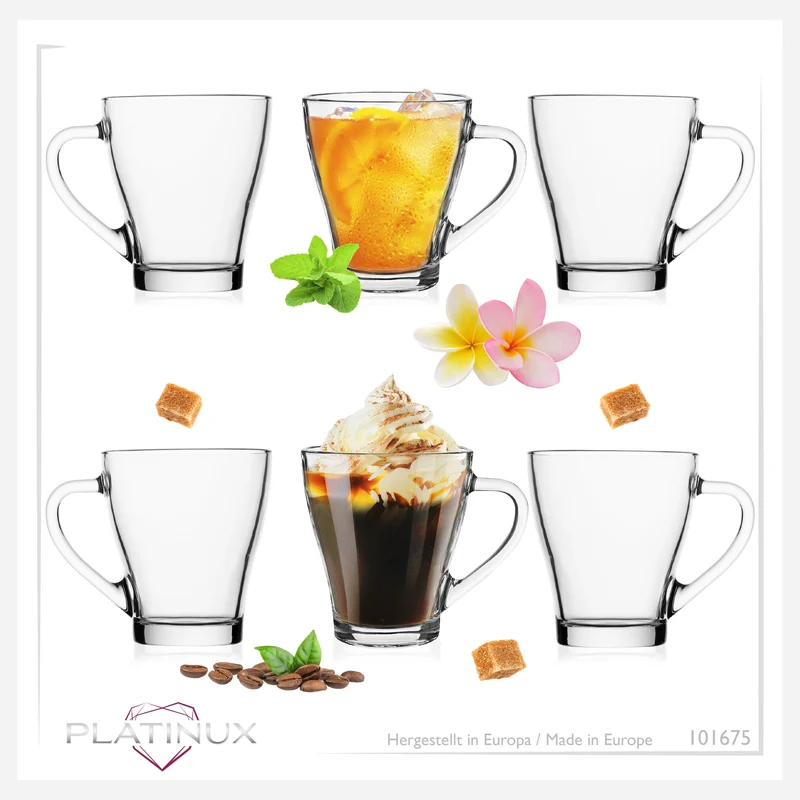 PLATINUX Kaffeegläser Teegläser mit Griff max.270ml Set 6-Teilig aus Glas