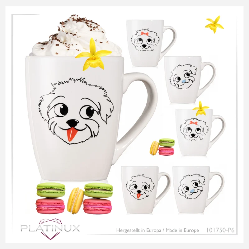 PLATINUX Kaffeetassen mit Griff Set 6 Teilig mit Hunde Motiv 250ml