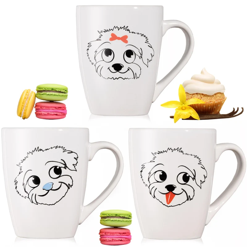 PLATINUX Kaffeetassen mit Griff Set 3 Teilig mit Hund Motiv 250ml
