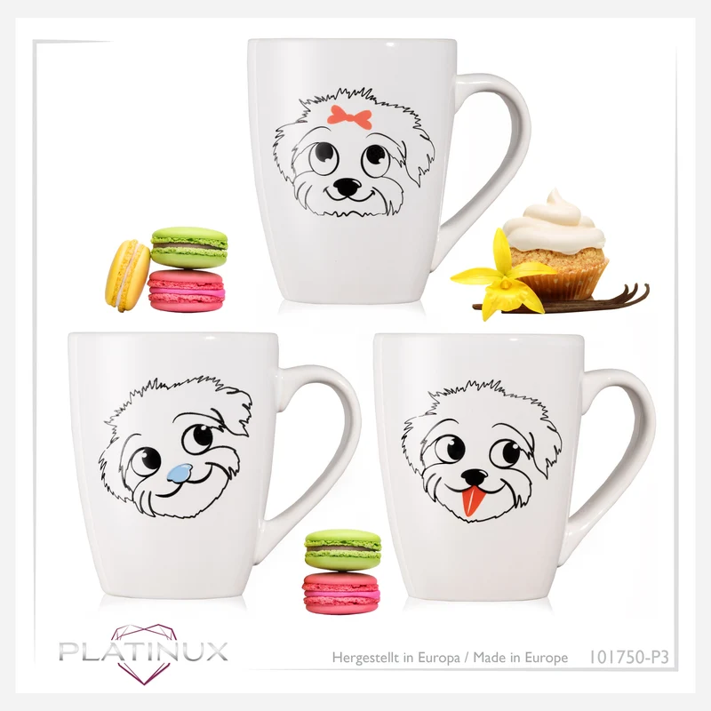 PLATINUX Kaffeetassen mit Griff Set 3 Teilig mit Hund Motiv 250ml