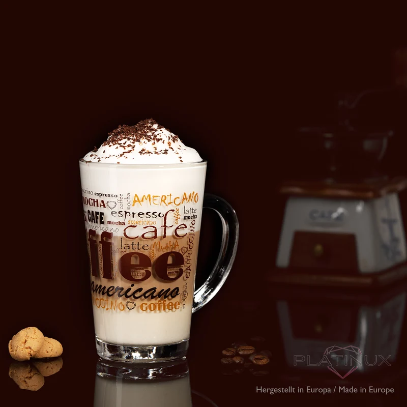 PLATINUX Kaffeegläser mit Motiv max. 350ml Set 3-Teilig aus Glas Latte Macchiato Gläser mit Griff Cappuccino Gläser