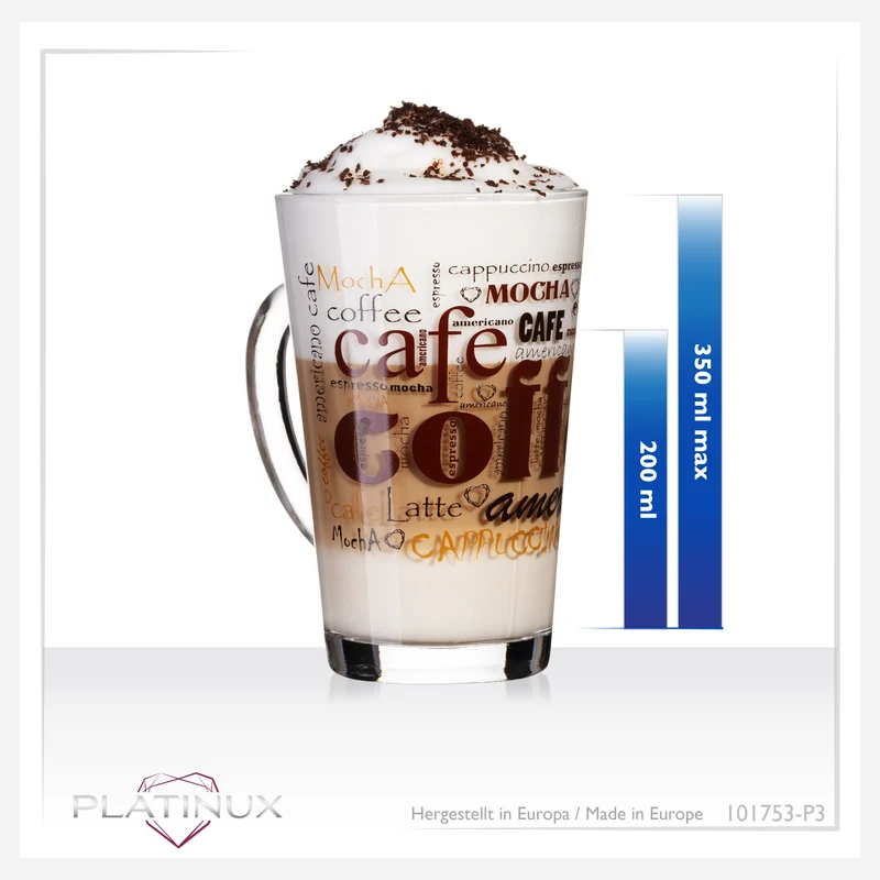 PLATINUX Kaffeegläser mit Motiv max. 350ml Set 3-Teilig aus Glas Latte Macchiato Gläser mit Griff Cappuccino Gläser