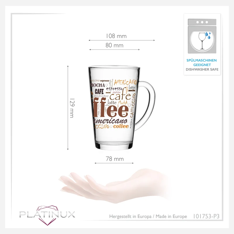 PLATINUX Kaffeegläser mit Motiv max. 350ml Set 3-Teilig aus Glas Latte Macchiato Gläser mit Griff Cappuccino Gläser