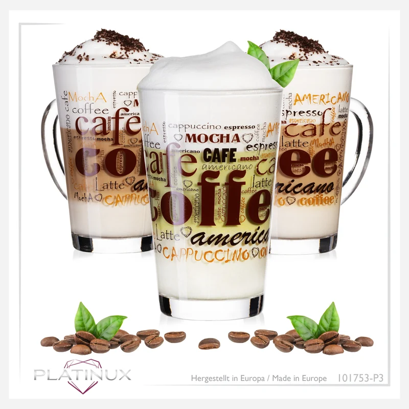 PLATINUX Kaffeegläser mit Motiv max. 350ml Set 3-Teilig aus Glas Latte Macchiato Gläser mit Griff Cappuccino Gläser