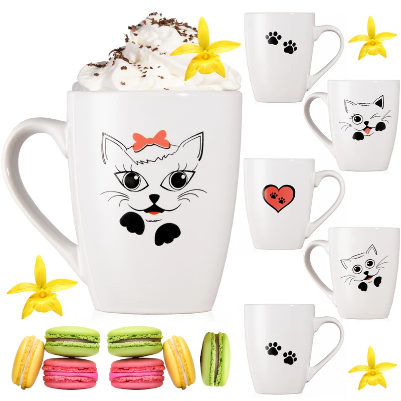 PLATINUX Kaffeetassen mit Griff Set 6 Teilig mit Katzen Motiv 250ml