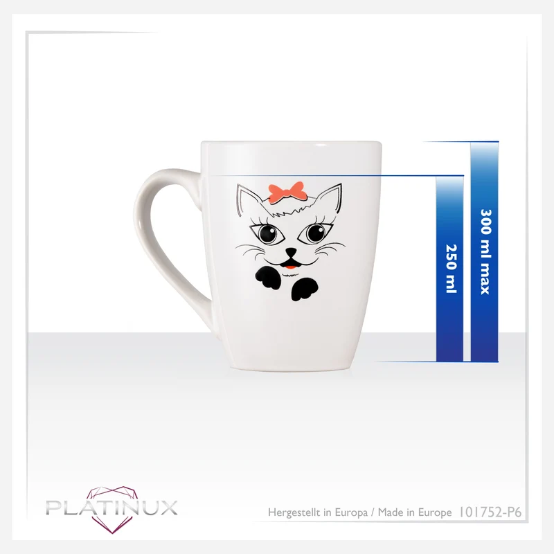 PLATINUX Kaffeetassen mit Griff Set 6 Teilig mit Katzen Motiv 250ml
