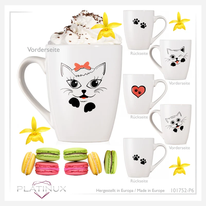 PLATINUX Kaffeetassen mit Griff Set 6 Teilig mit Katzen Motiv 250ml