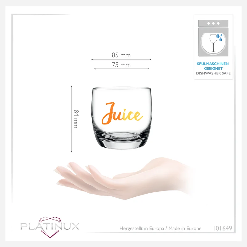 PLATINUX Elegante Trinkgläser mit Juice-Print 260ml (max. 310ml) Set 6 Teilig aus Glas