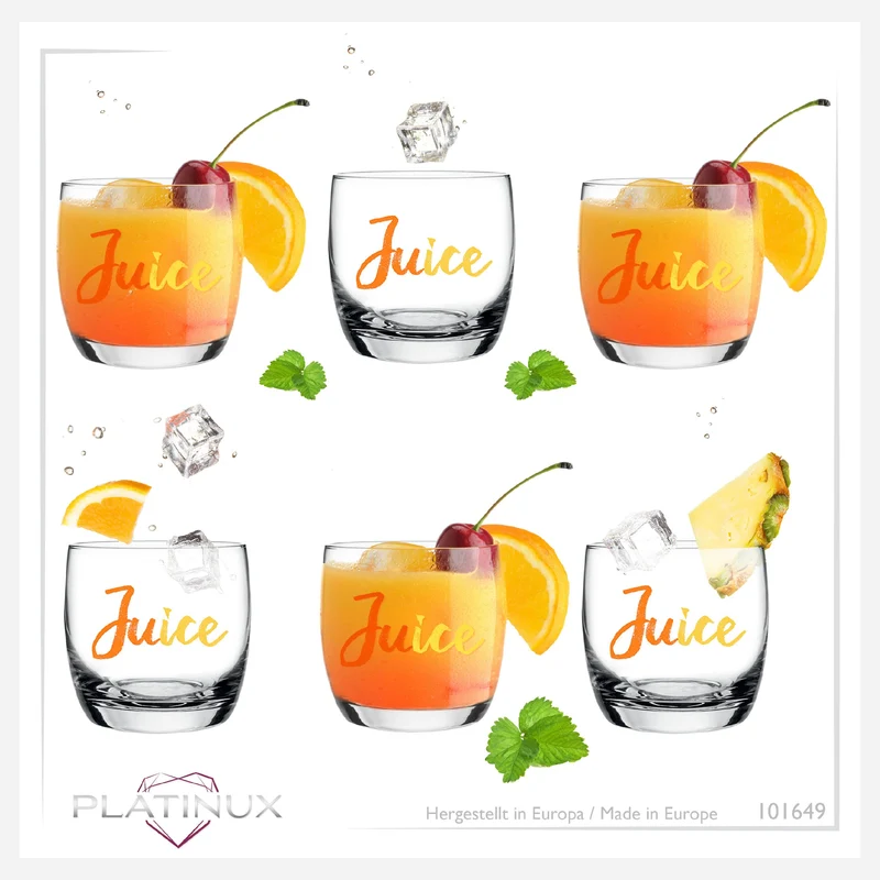 PLATINUX Elegante Trinkgläser mit Juice-Print 260ml (max. 310ml) Set 6 Teilig aus Glas