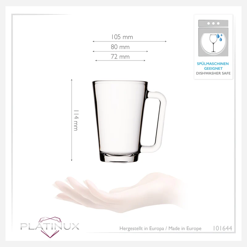 PLATINUX Teegläser mit Henkel aus Glas Kaffeegläser 220ml (max.280ml) Set 6-Teilig