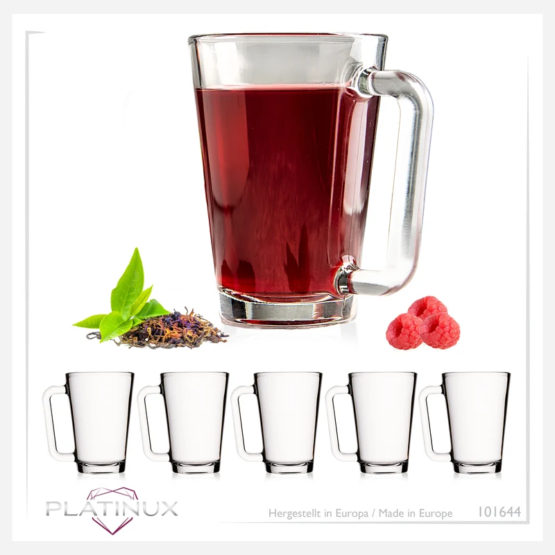 PLATINUX Teegläser mit Henkel aus Glas Kaffeegläser 220ml (max.280ml) Set 6-Teilig