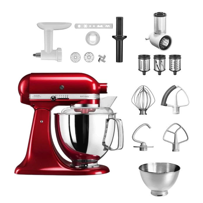 KitchenAid 4,8 L 5KSM175 Artisan Küchenmaschine Allrounderset mit Gemüseschneider+Fleischwolf+Spritzge