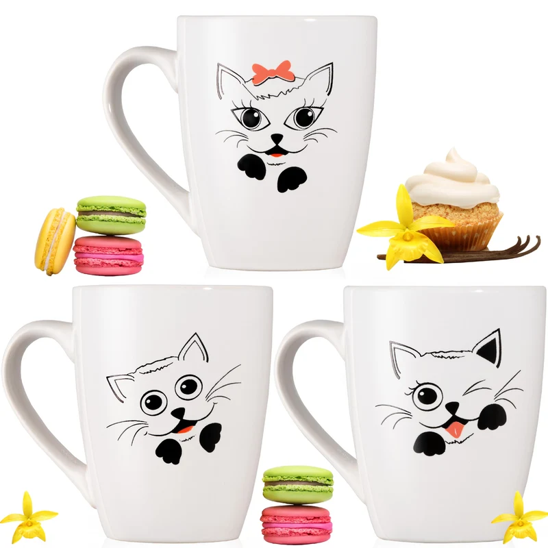 PLATINUX Kaffeetassen mit Griff Set 3 Teilig mit Katzen Motiv 250ml