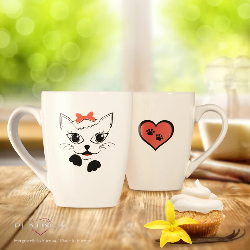 PLATINUX Kaffeetassen mit Griff Set 3 Teilig mit Katzen Motiv 250ml