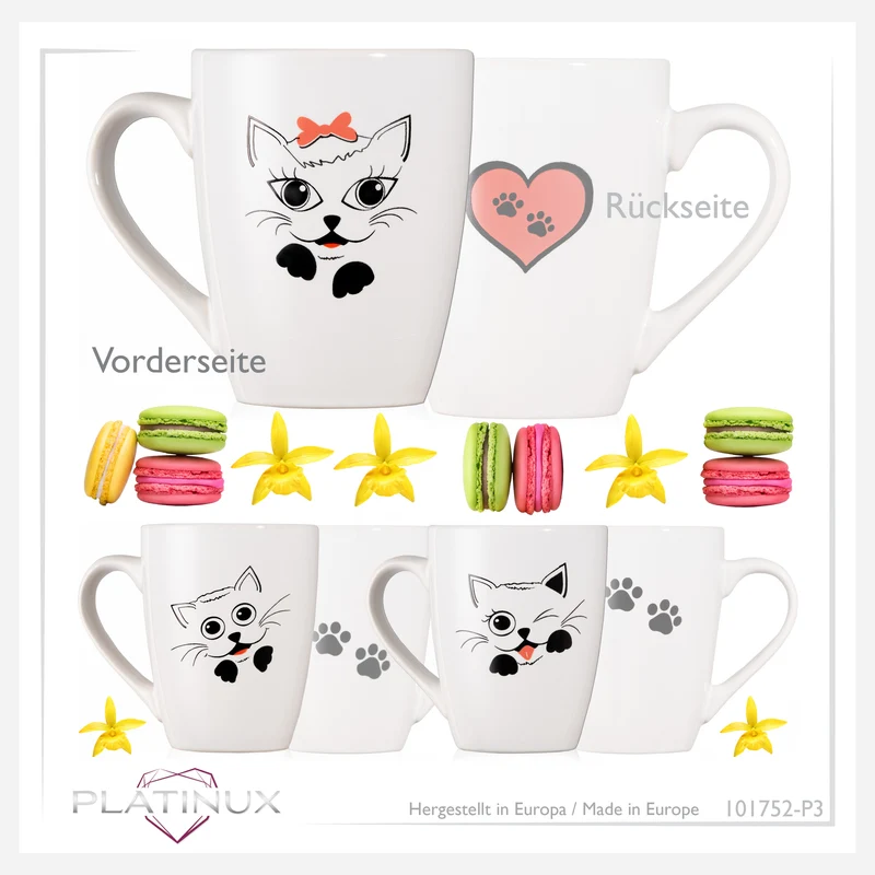 PLATINUX Kaffeetassen mit Griff Set 3 Teilig mit Katzen Motiv 250ml