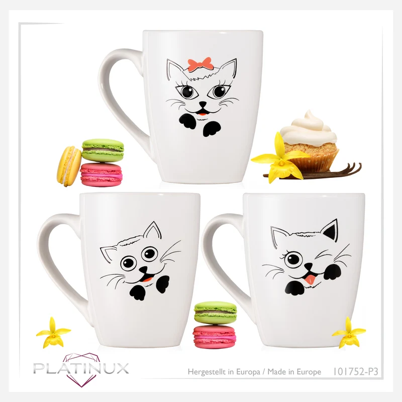PLATINUX Kaffeetassen mit Griff Set 3 Teilig mit Katzen Motiv 250ml