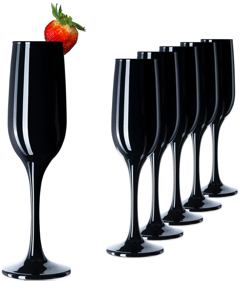 PLATINUX Schwarze stabile Sektgläser Set 6 Teilig 160ml (max. 210ml) aus Glas